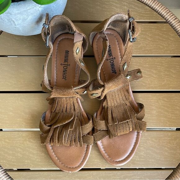 Minnetonka Merriam Leather Fringe Sandal Women's Boho Mini Wedge Size 7 - Picture 4 of 10